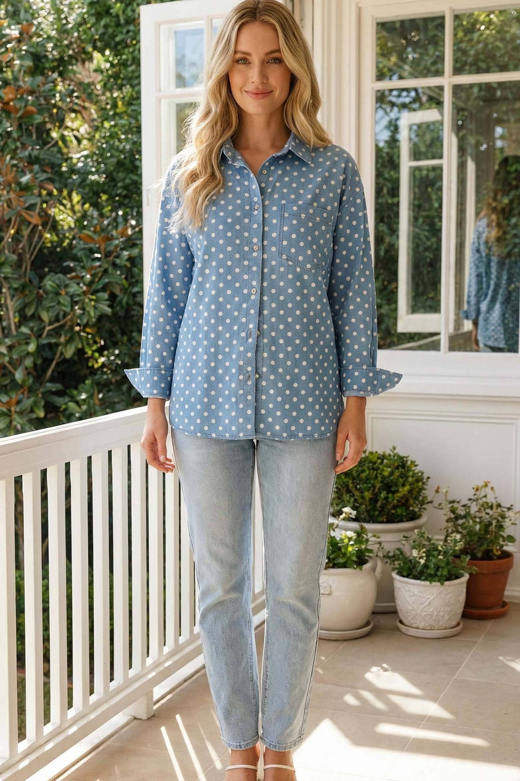 Hope Collared Polka Dot Denim Shirt