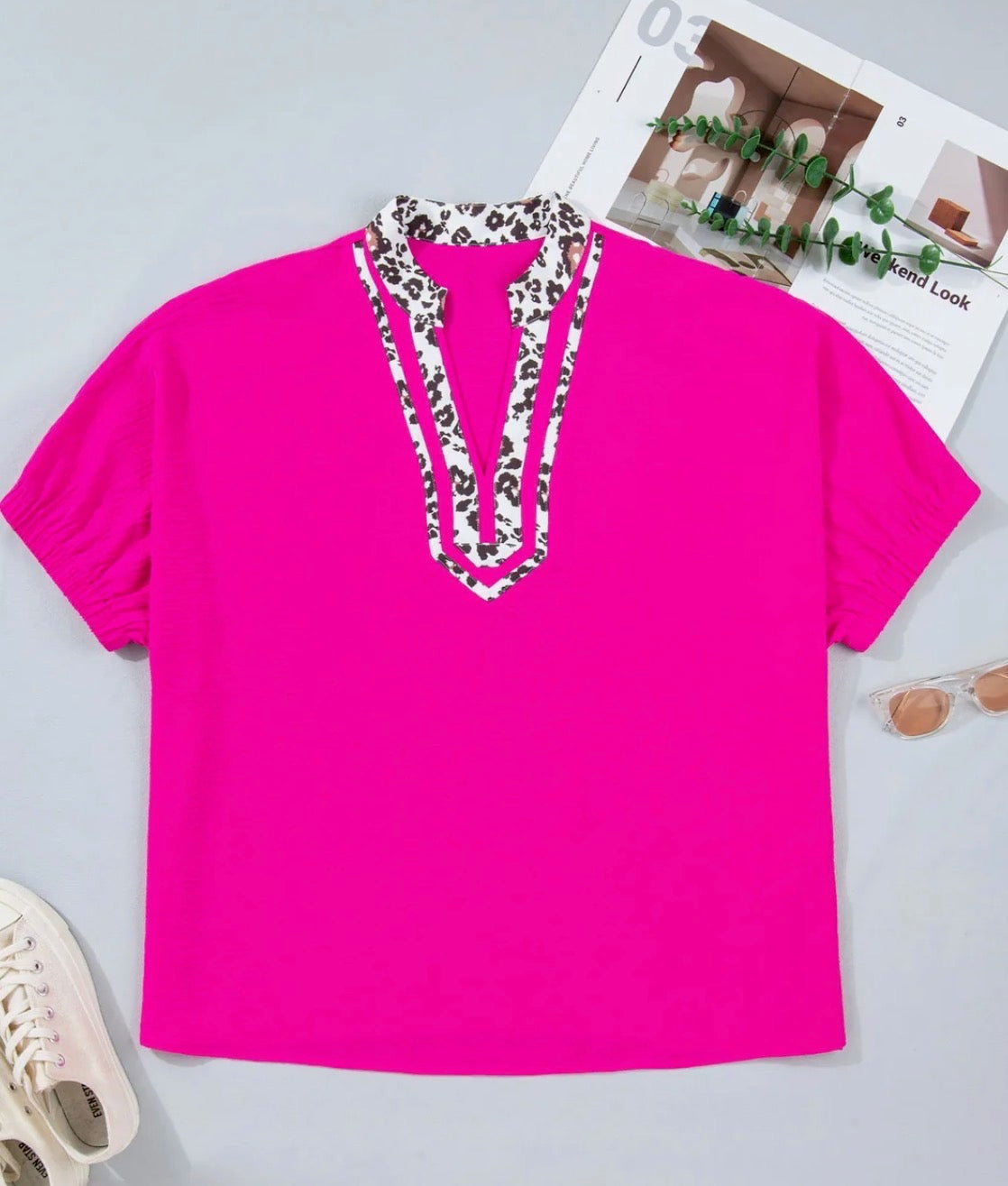 Leopard Patchwork V-Neck Top By Pretty Bash