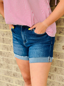Dark Wash High Rise Cuffed Short