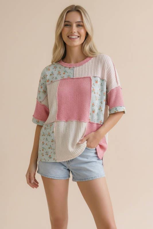 Kara Floral  Color Block Patchwork Top