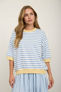 COLORBLOCK TRIM STRIPE SHORT DROP SLEEVE KNIT TOP