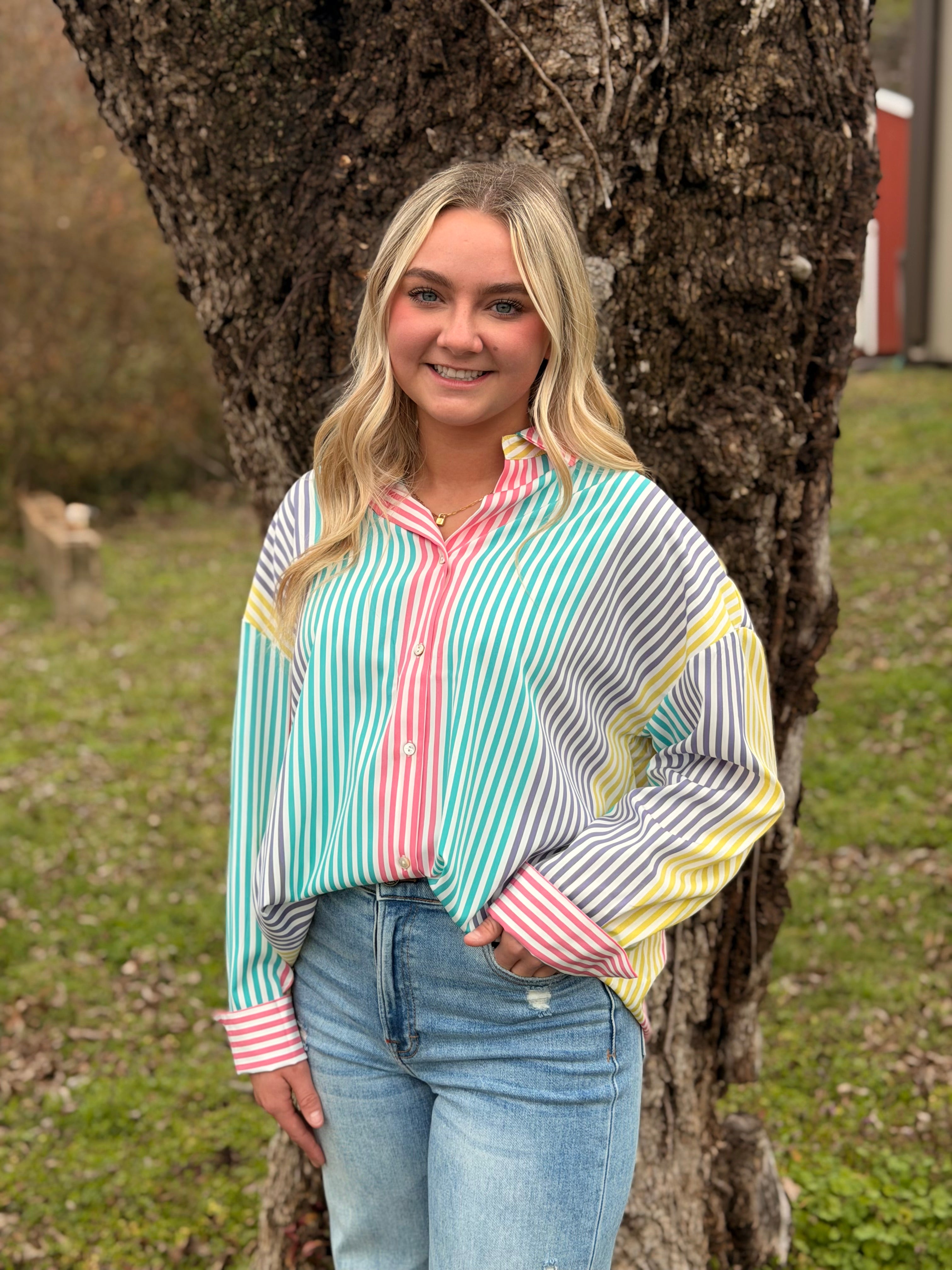 Vibin’ Multi Striped Colorblock Button Up