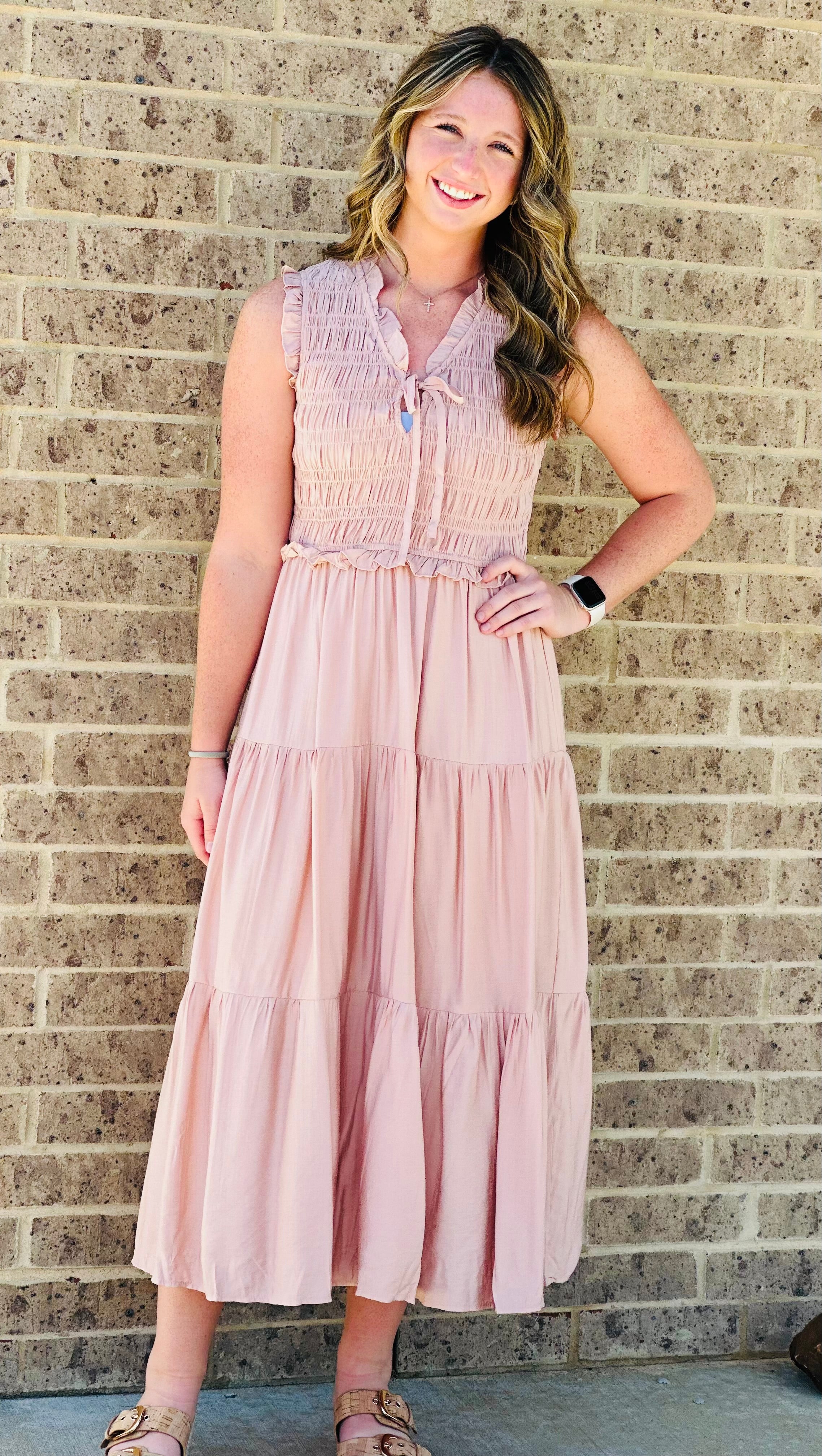 Smocked Front tie Midi Dress