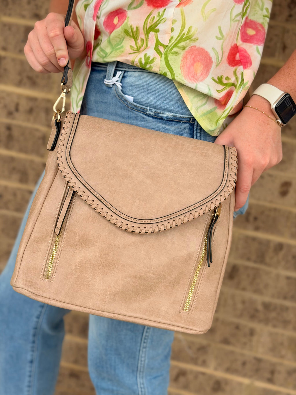 Lorelei Double Zip Whipstitch Trim Crossbody