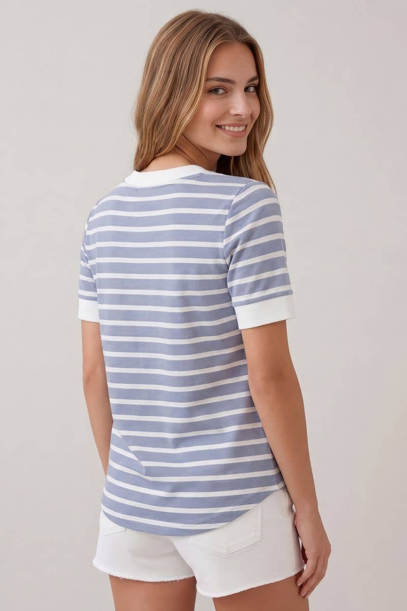 KAYLA SPLIT V-NECK STRIPED SHORT SLEEVE TOP