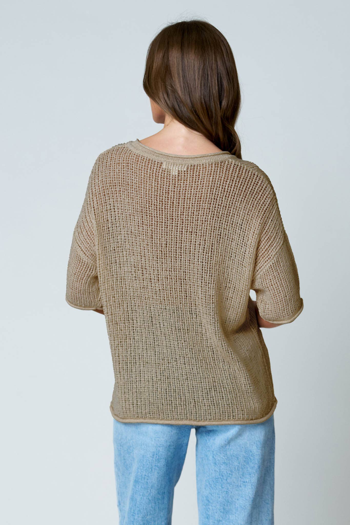 SPLIT NECK SHORT SLEEVE SHEER CROCHET KNIT TOP