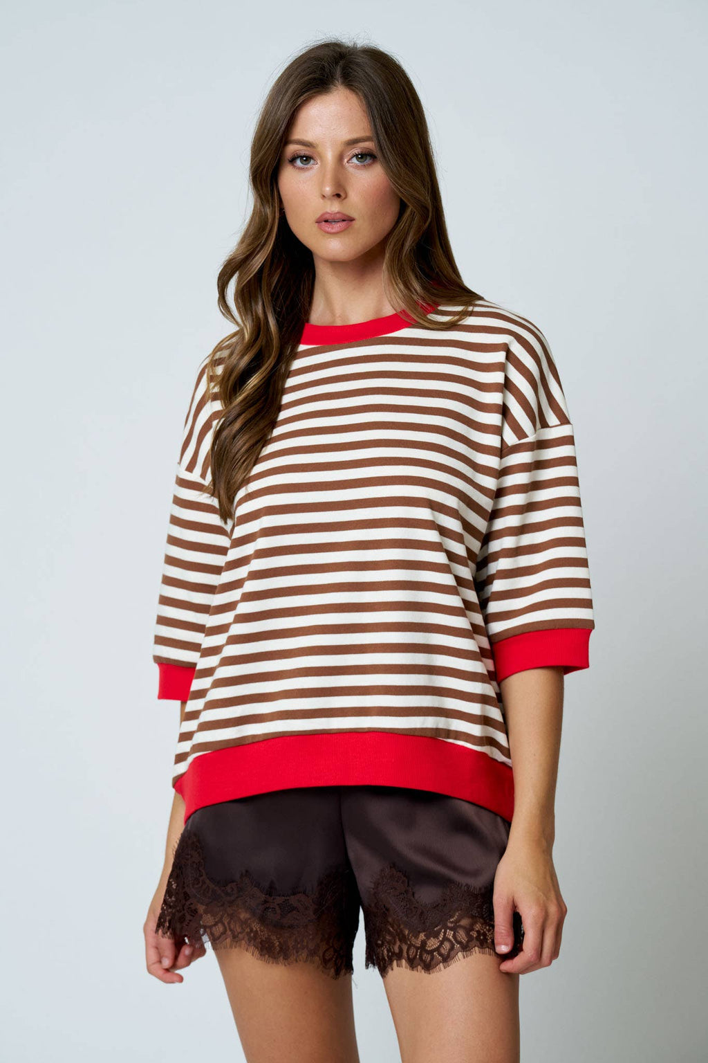 COLORBLOCK TRIM STRIPE SHORT DROP SLEEVE KNIT TOP