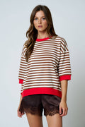 COLORBLOCK TRIM STRIPE SHORT DROP SLEEVE KNIT TOP