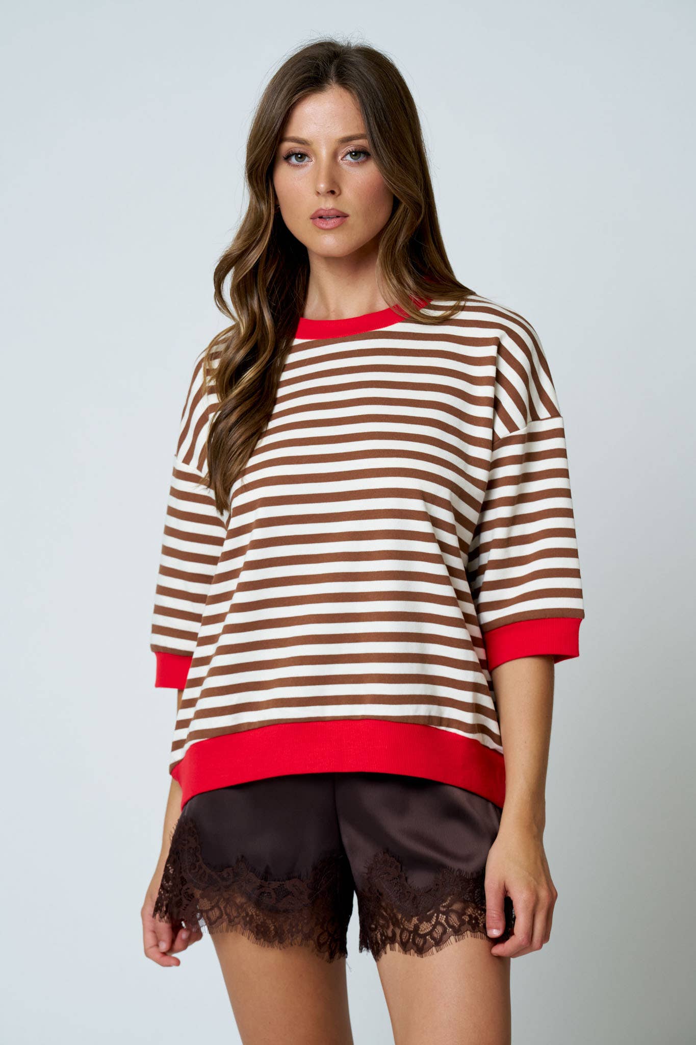COLORBLOCK TRIM STRIPE SHORT DROP SLEEVE KNIT TOP