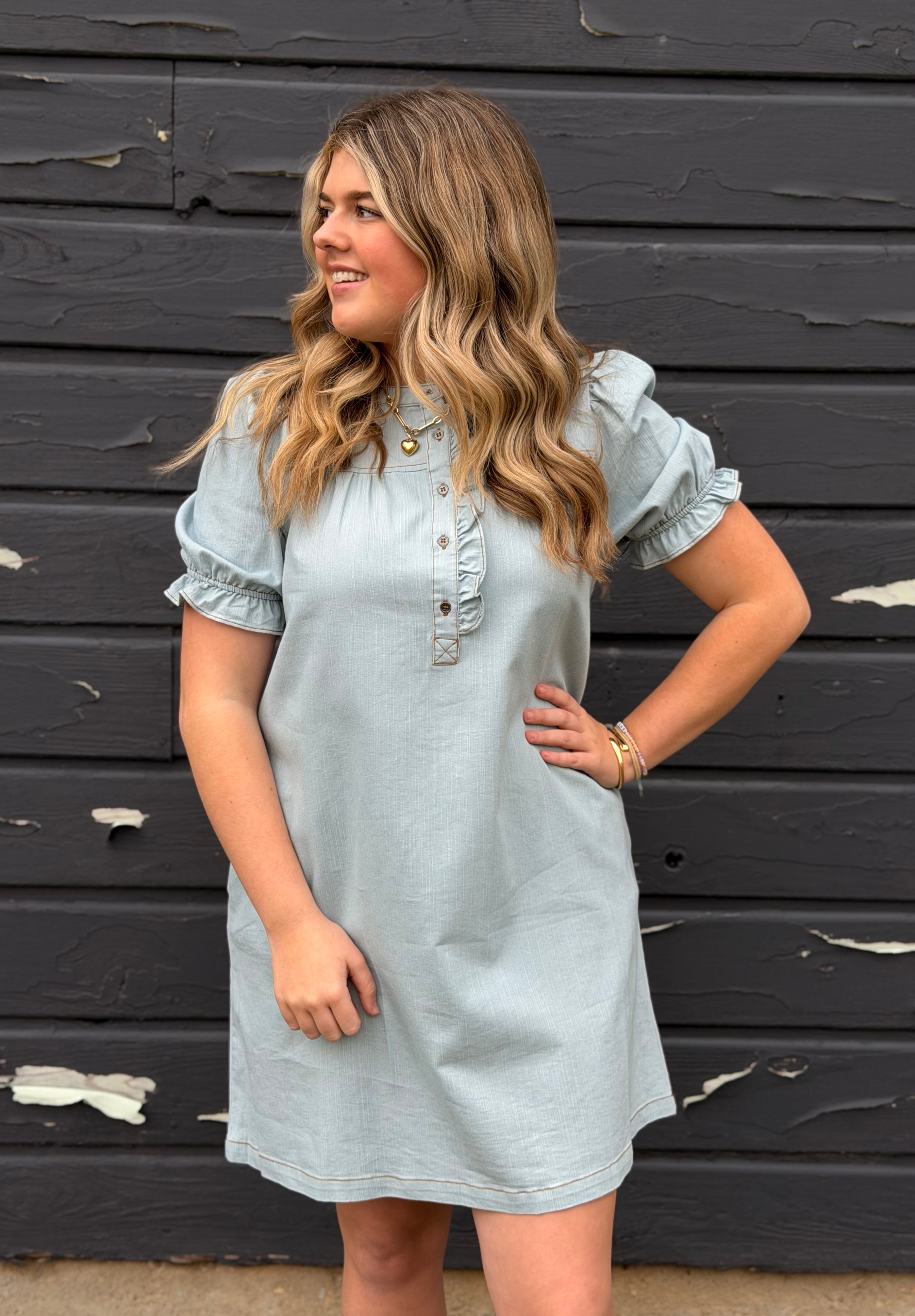 Meagan Ruffled Button Denim Dress