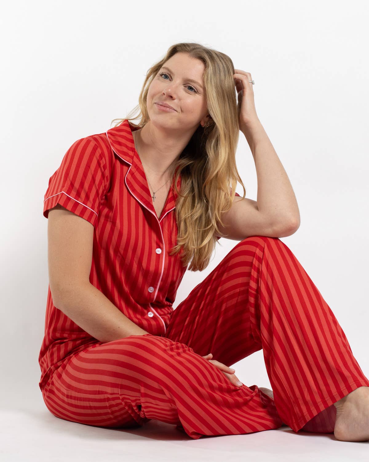 Carissa Stripe Short Sleeve Button Up Sleep Shirt   Red/Pink   -Asst.