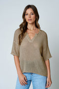 SPLIT NECK SHORT SLEEVE SHEER CROCHET KNIT TOP