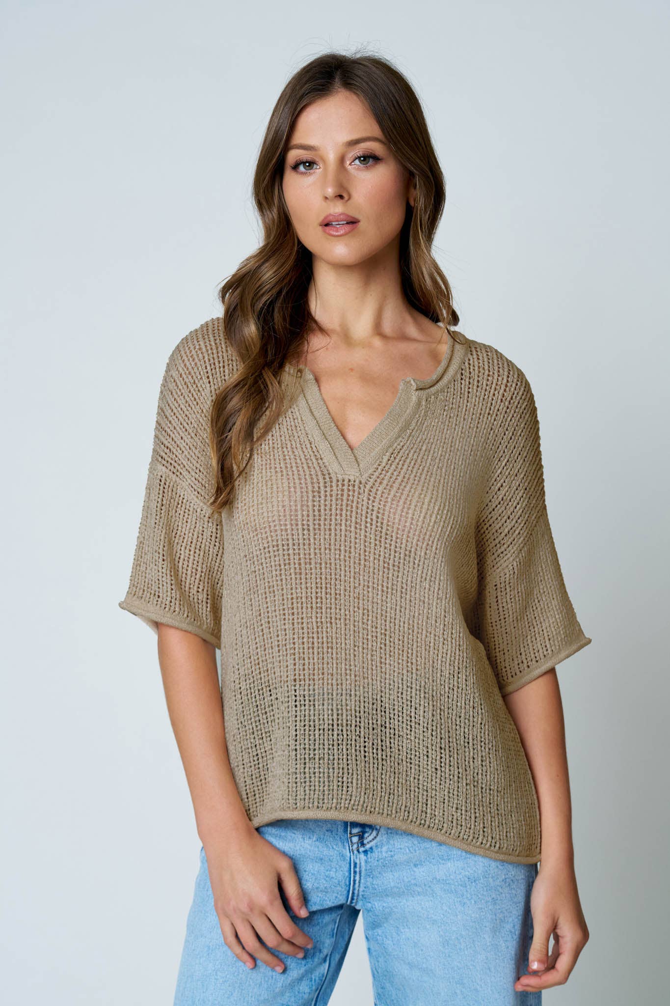 SPLIT NECK SHORT SLEEVE SHEER CROCHET KNIT TOP