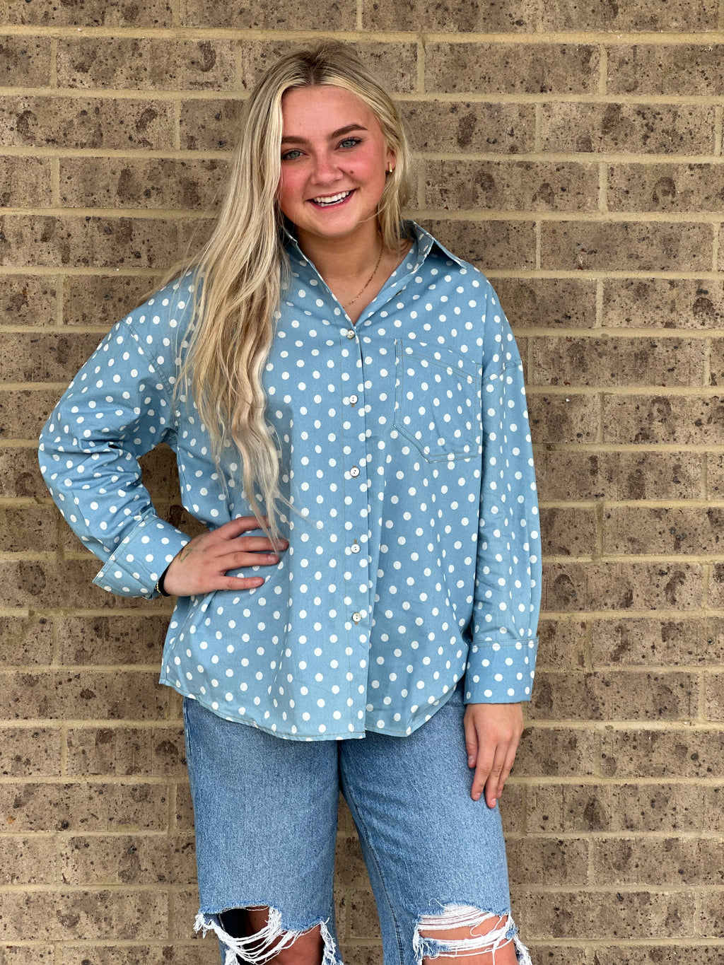 Hope Collared Polka Dot Denim Shirt
