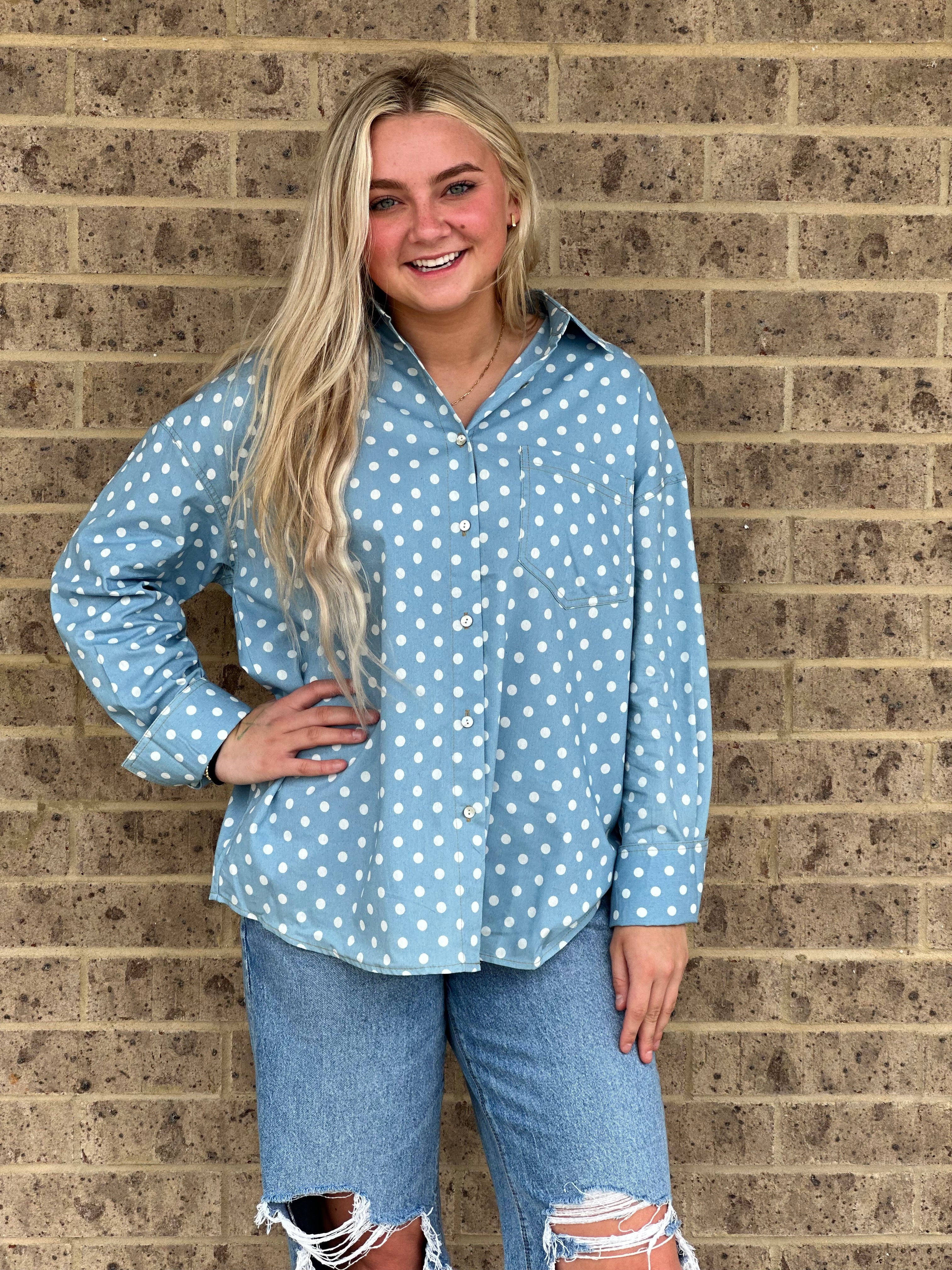 Hope Collared Polka Dot Denim Shirt