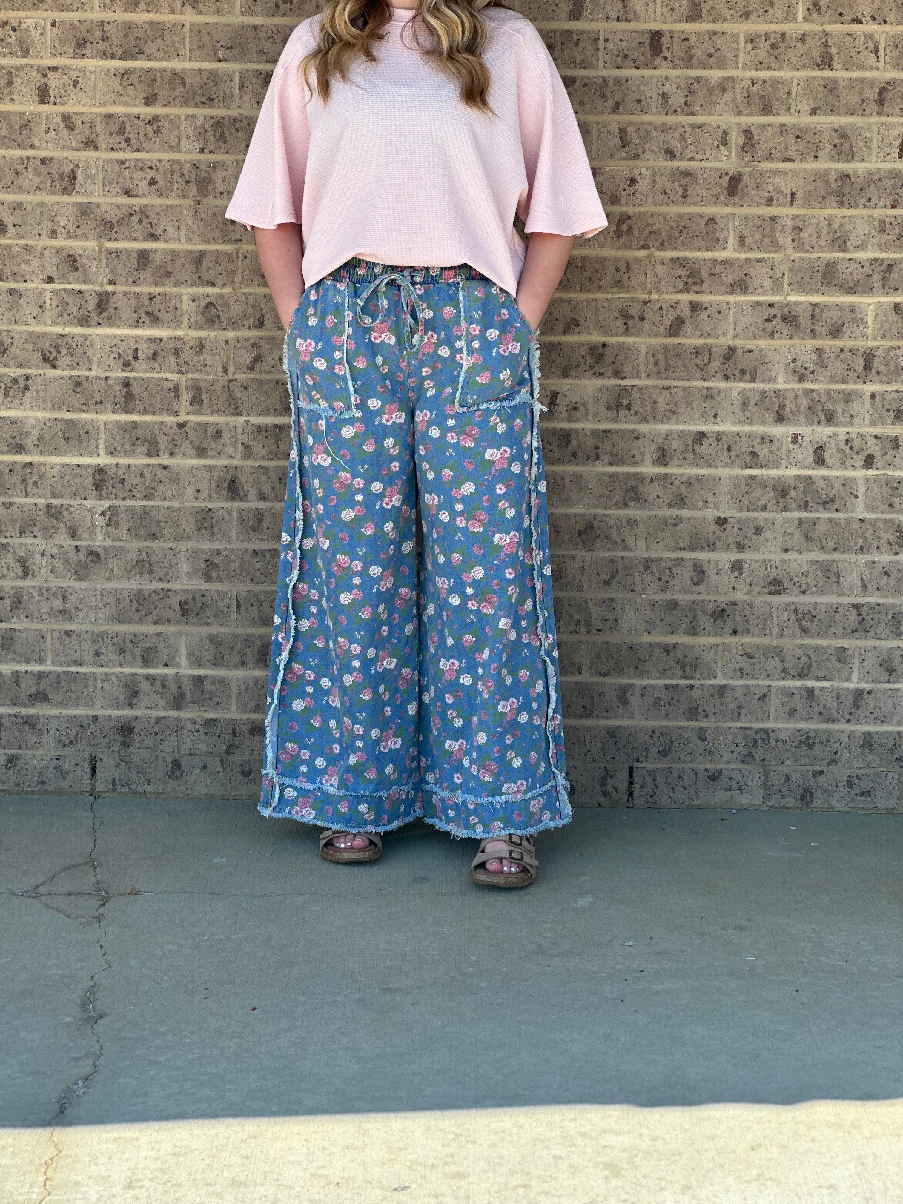 Boho Garden Denim Pants Floral Print