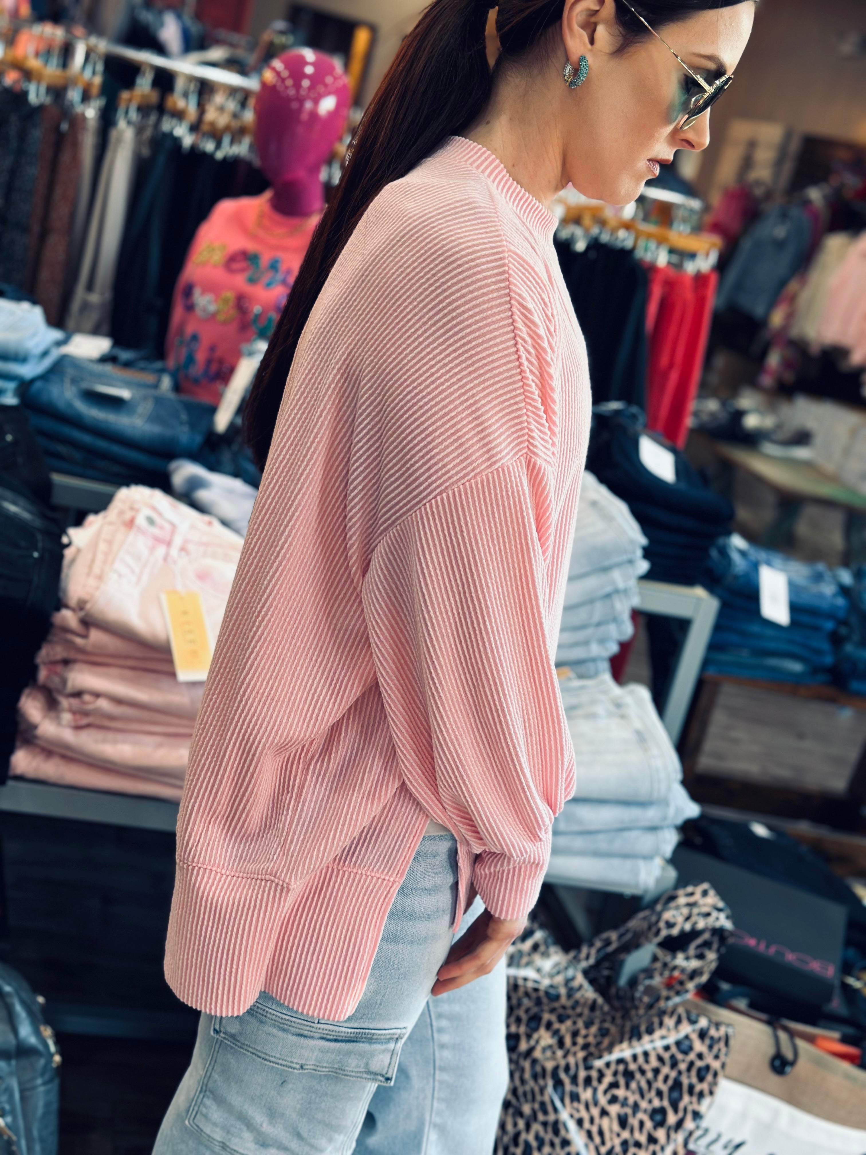 Pretty in Pink Ribbed Pullover
