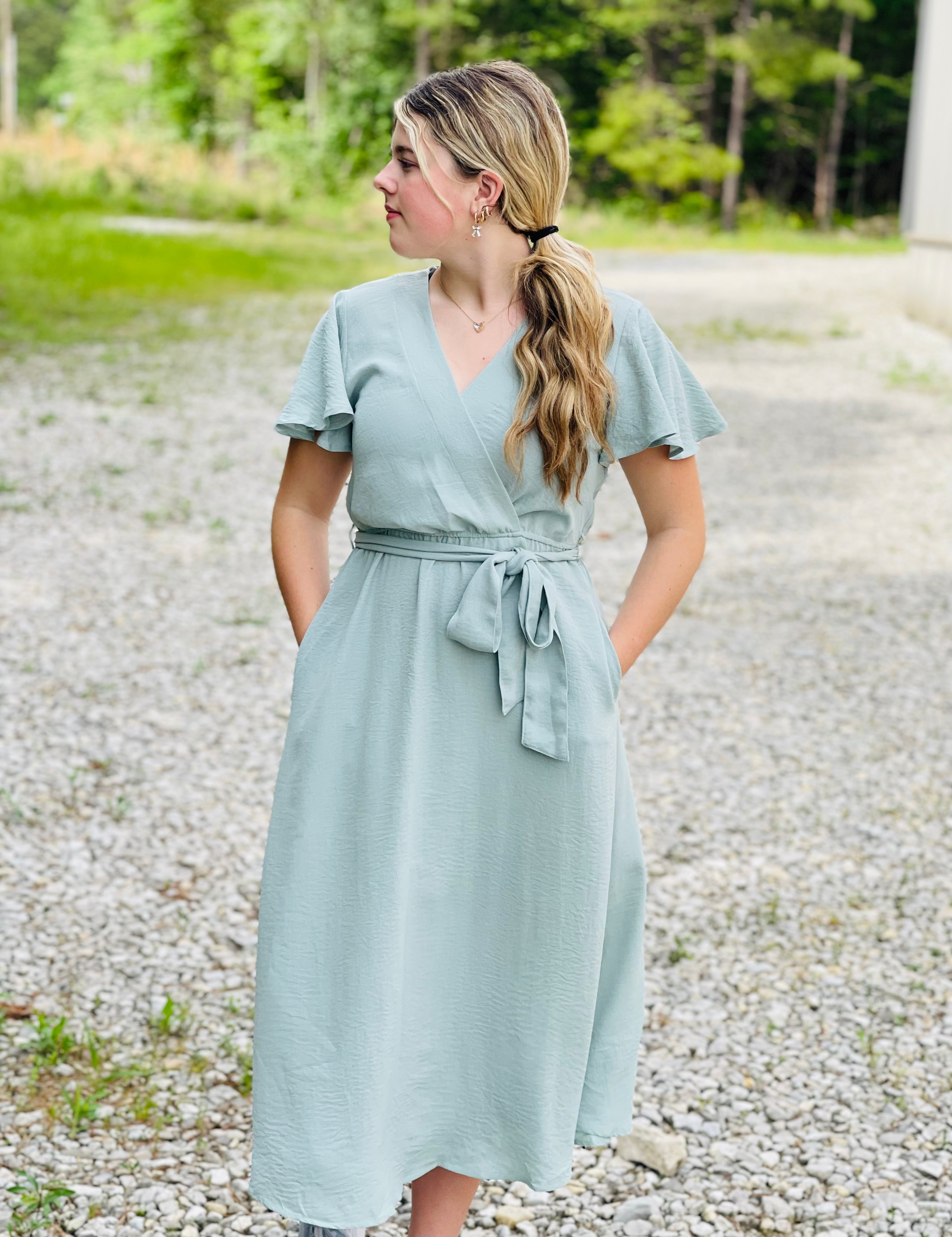 Sage Ruffle Sleeve Dress