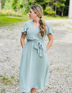 Sage Ruffle Sleeve Dress
