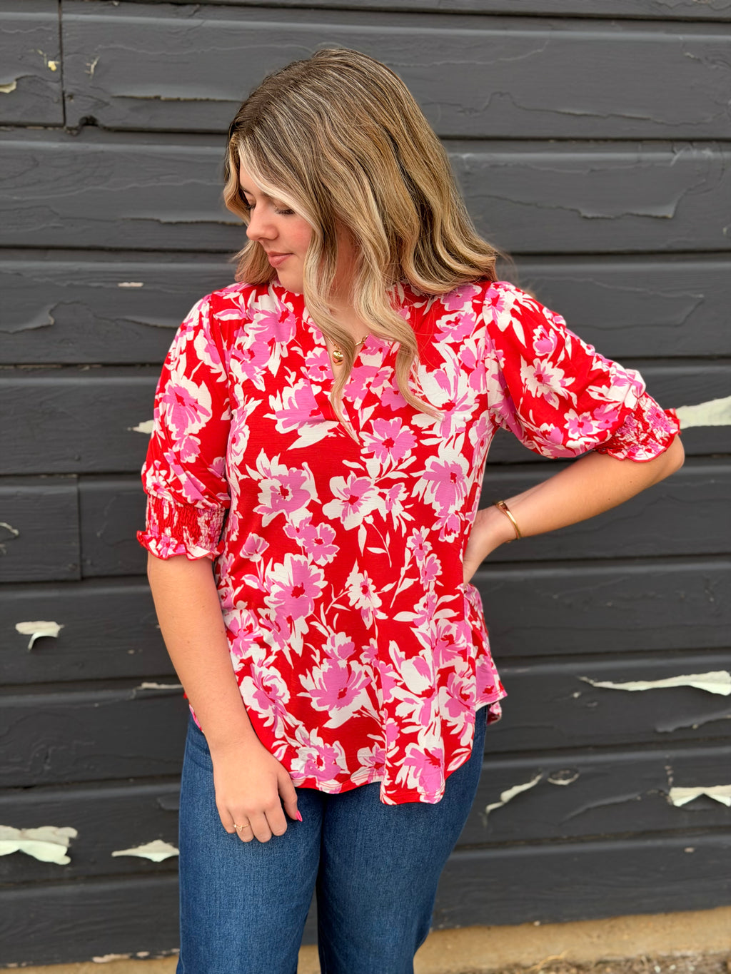 Lizzy Smocked 3/4 Sleeve Top