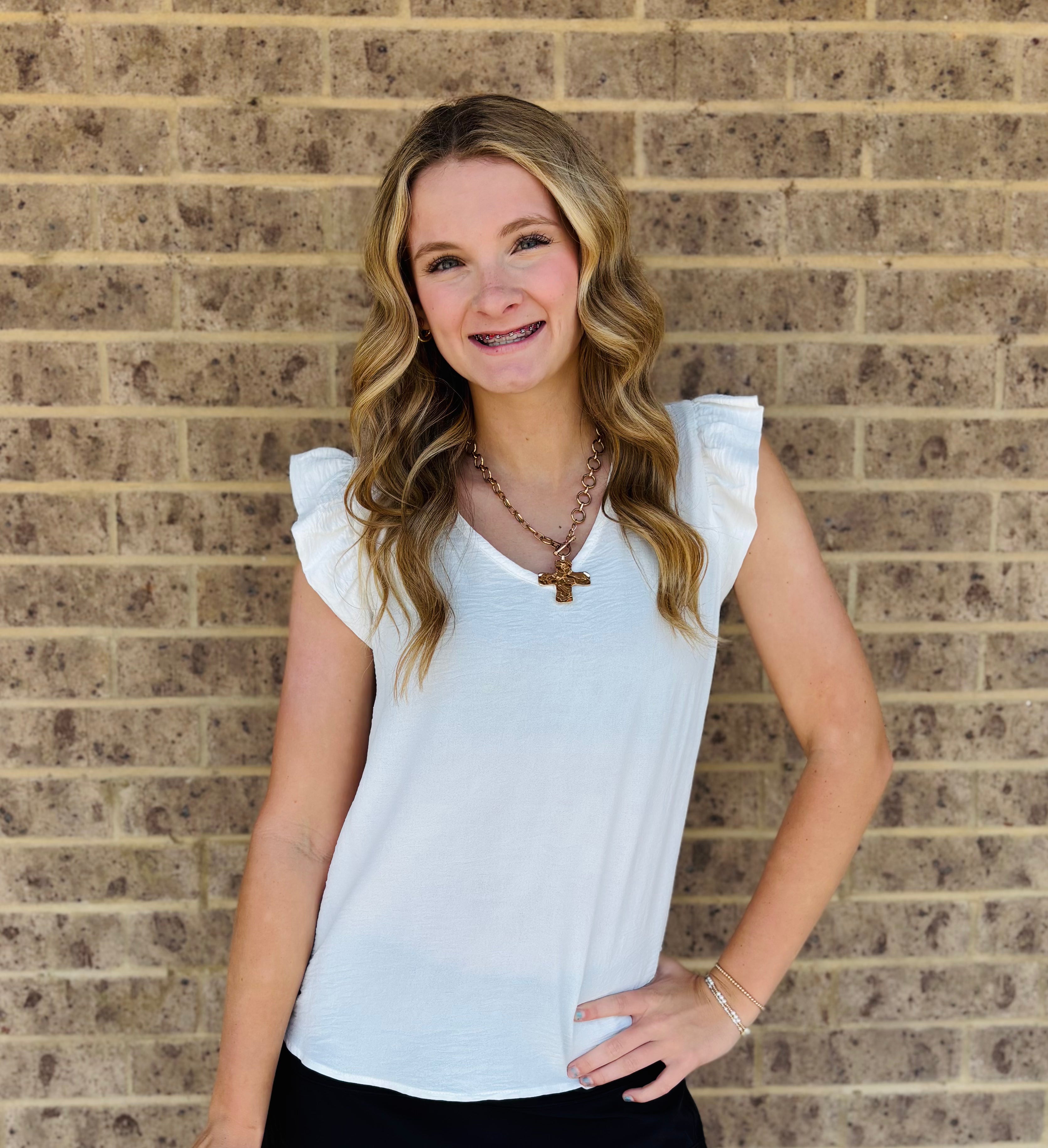 Back To School Door Buster - Lane Solid Ruffle Top Ivory