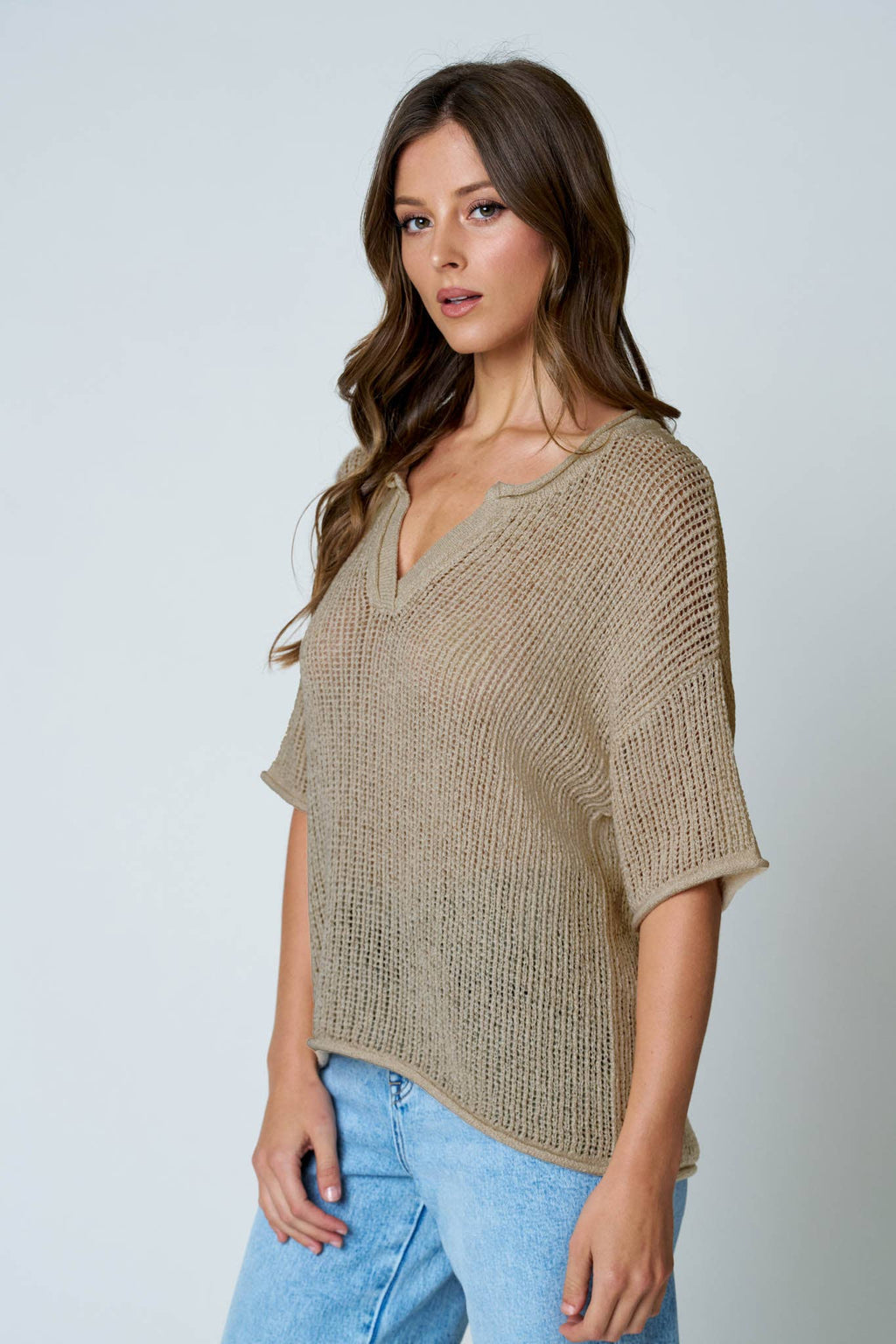 SPLIT NECK SHORT SLEEVE SHEER CROCHET KNIT TOP