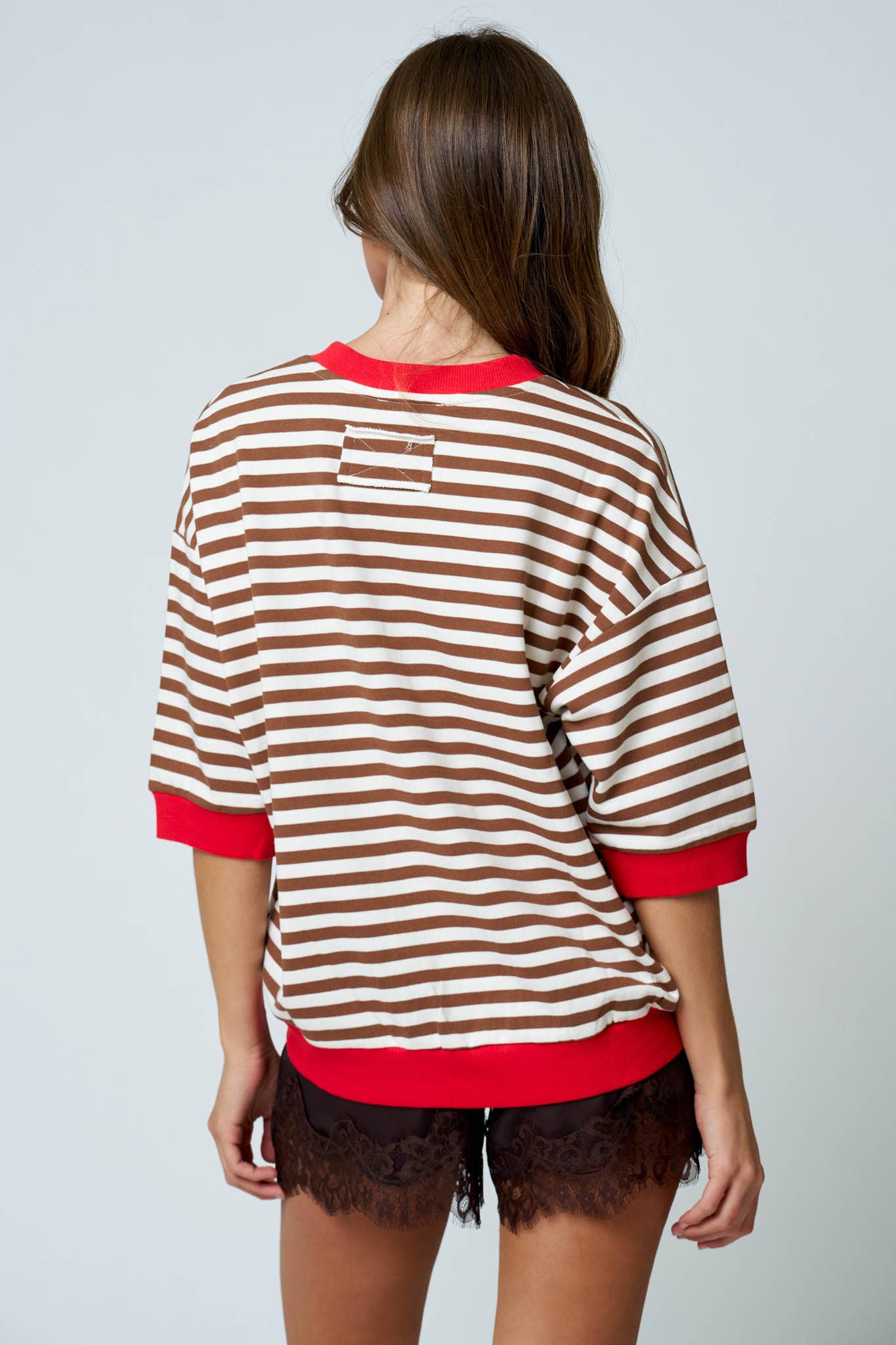 COLORBLOCK TRIM STRIPE SHORT DROP SLEEVE KNIT TOP