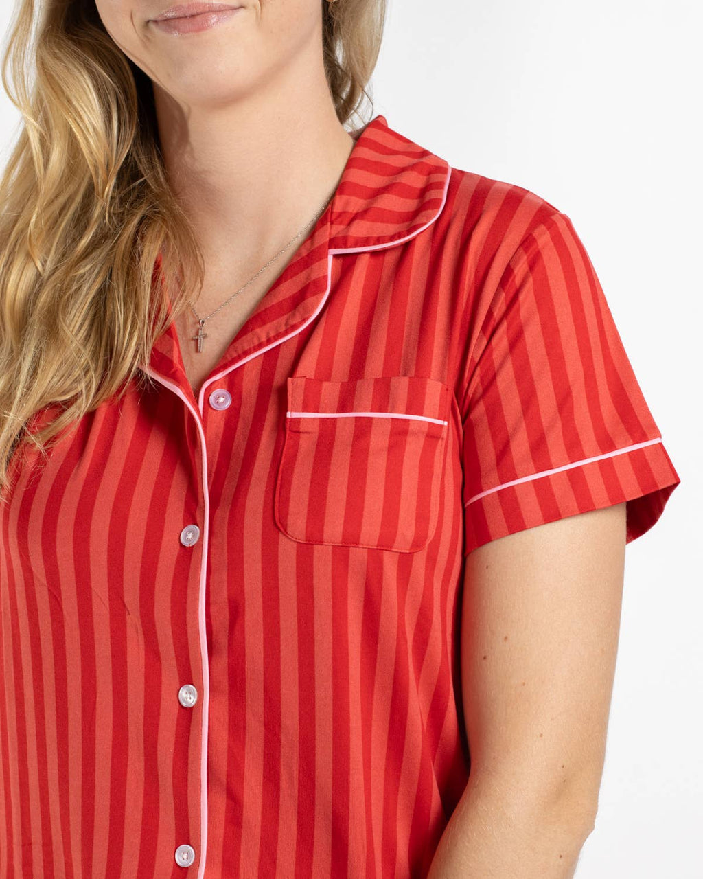 Carissa Stripe Short Sleeve Button Up Sleep Shirt   Red/Pink   -Asst.