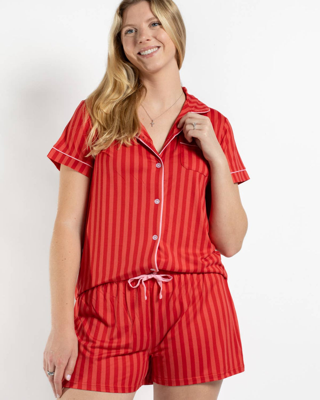 Carissa Stripe Short Sleeve Button Up Sleep Shirt   Red/Pink   -Asst.