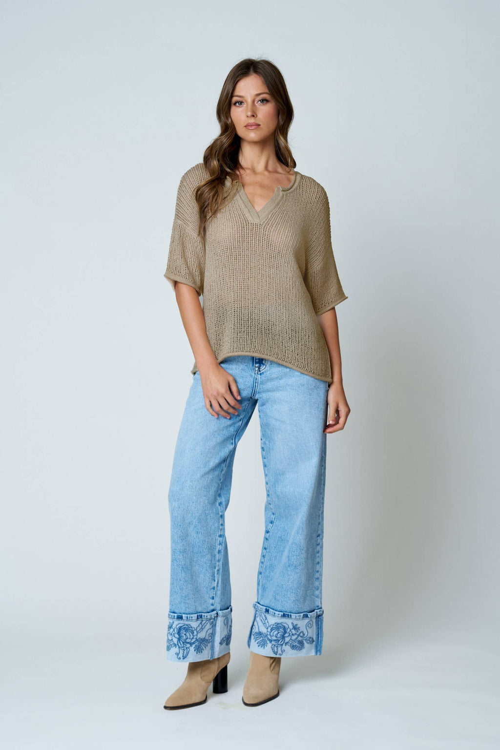 SPLIT NECK SHORT SLEEVE SHEER CROCHET KNIT TOP