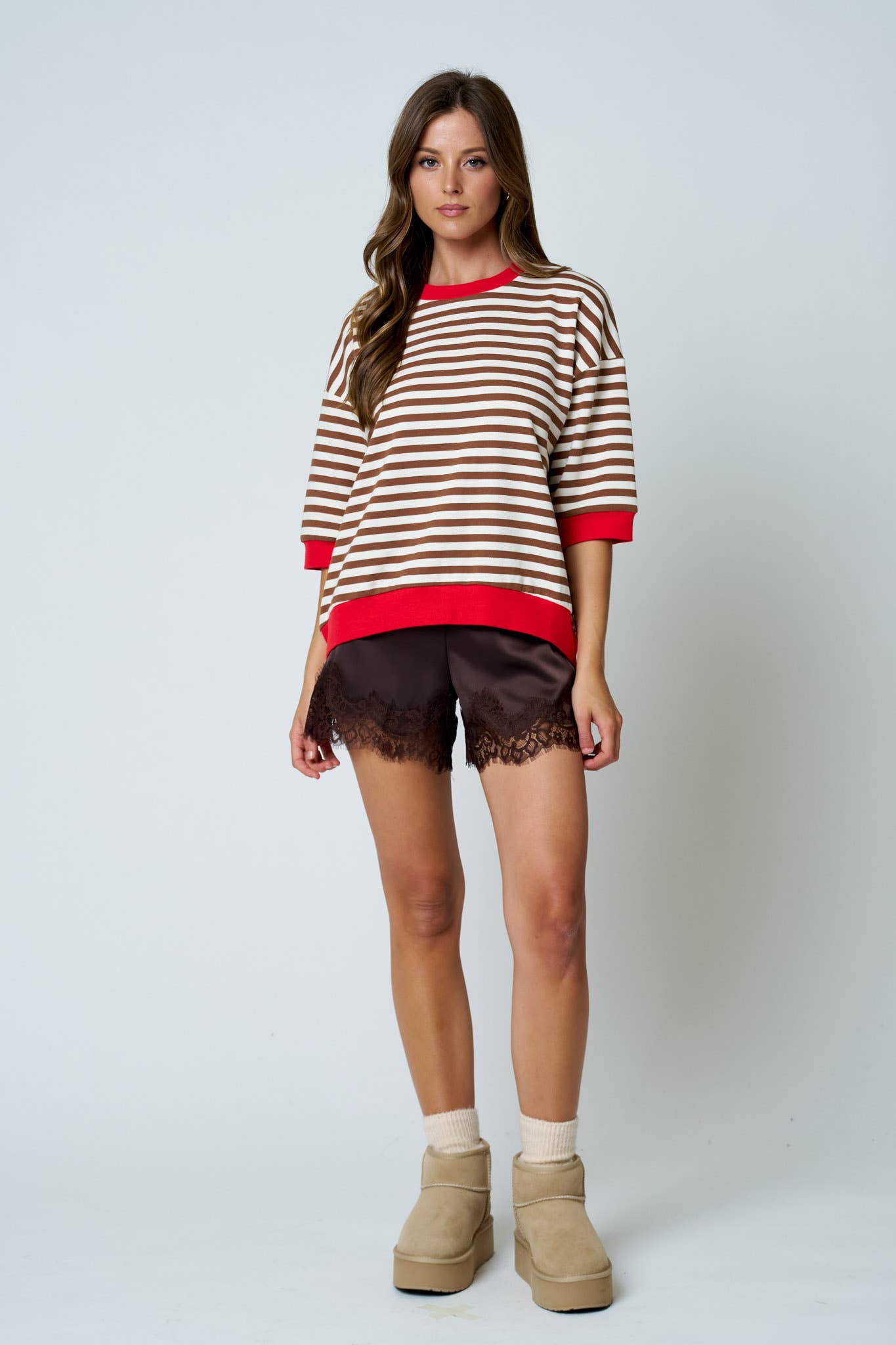 COLORBLOCK TRIM STRIPE SHORT DROP SLEEVE KNIT TOP