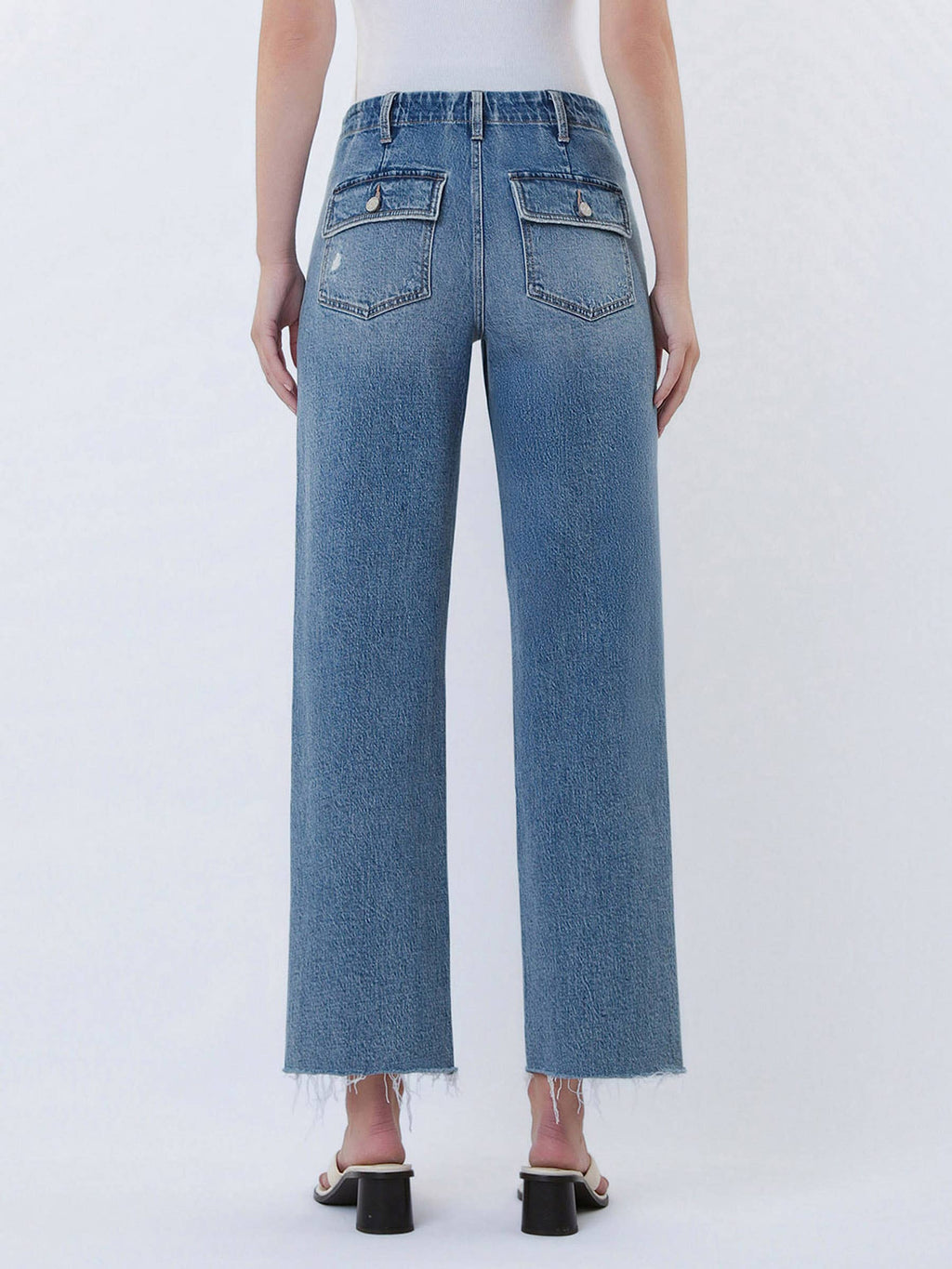 HIGH RISE PATCH POCKET SLIM WIDE JEANS